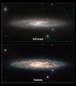 Infrared/visible light comparison of views of the Sculptor Galaxy (NGC 253)