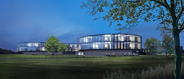 Renderização arquitetônica da nova extensão da Sede do ESO (vista noturna)