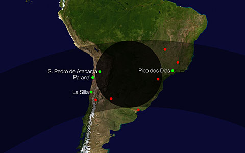 Path of the shadow of Makemake as it crossed the Earth on 23 April 2011