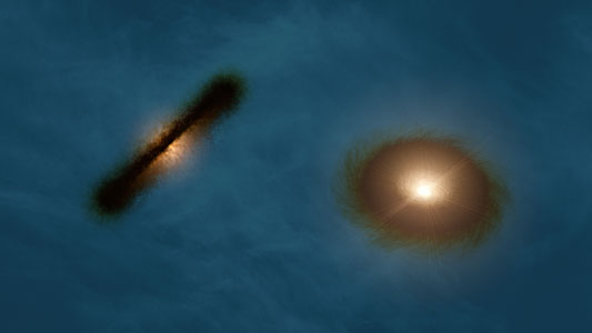 Artist’s impression van de schijven rond de jonge sterren HK Tauri A en B