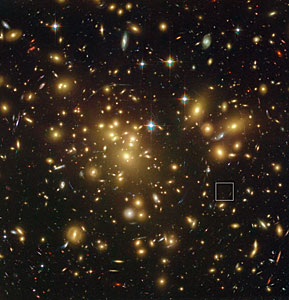 Location of the distant dusty galaxy A1689-zD1 behind the galaxy cluster Abell 1689 (annotated)