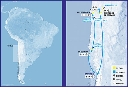 ESO Observatories Topographic Route Map