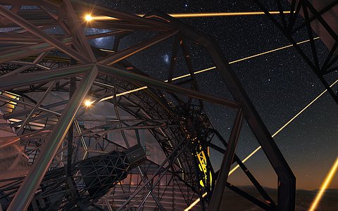 Artist’s impression of the European Extremely Large Telescope deploying lasers for adaptive optics