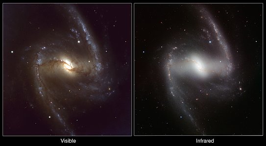 Comparison of visible-light and infrared images of the galaxy NGC 1365