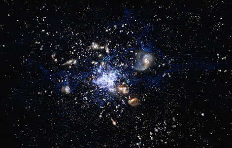 Kunstnerisk framstilling av protogalaksehop i ferd med å dannes i det tidligere univers