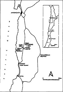 A map of northern Chile, with the location of Cerro Paranal indicated