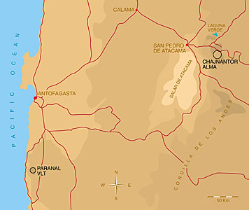 Geographical Map with VLT and ALMA Locations
