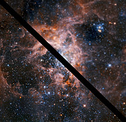 Comparación de imágenes de la Nebulosa de la Tarántula con y sin óptica adaptativa