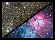 Comparação de imagens da Nebulosa Trífida no visível e no infravermelho