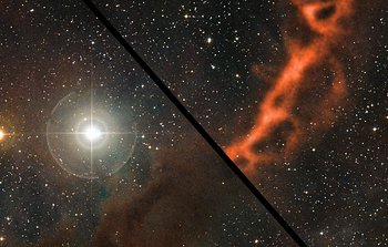Interaktives Vergleichsbild eines filamentartigen Sternentstehungsgebiets im Sternbild Stier bei Millimeterwellenlängen und im sichtbaren Licht
