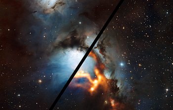 Het stof in de Orion-gordel uitgeplozen (mouseover-vergelijking)
