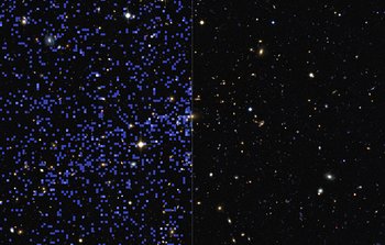 Confronto tra l'immagine X e quella in luce visibile per un ammasso di galassie distante