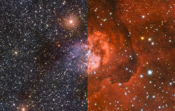 La nebulosa Sh2-54 osservata in infrarosso e in luce visibile