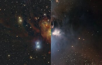 Området kring stjärnhopen Coronet i synligt och infrarött ljus