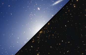 Vergleichsbild: HAWK-I und Hubble untersuchen einen Haufen mit der Masse von zwei Billiarden Sonnenmassen