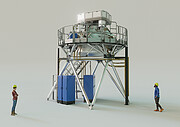 A 3D rendering of a metallic structure standing on top of a platform over a beige background. One person wearing a hard hat is standing on the platform next to the instrument, while another one looks at it from below.