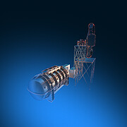 A 3D rendering of ANDES against a warm blue background. The instrument consists of a metal, cylindrical structure in the foreground, connected by metal scaffolding to a complex, fan-shaped apparatus.
