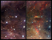 Comparación infrarroja/visible de un extracto de la imagen de la Nebulosa Orión captada por VISTA