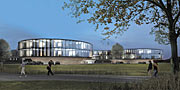 Arkitektens bild av utbyggnaden till ESO:s nya högkvarter (kvällsvy) 