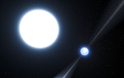 Künstlerische Darstellung des Pulsars PSR J0348+0432 und seines Begleiters, eines Weißen Zwergs