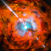 Ilustración de un estallido de rayos gamma y una supernova alimentada por un magnetar 