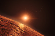 Artist’s impression van het uitzicht vanuit een van de middelste planeten van het TRAPPIST-1-stelsel