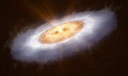 Imagem artística do disco de formação planetária que circunda a estrela V883 Orionis