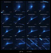 This image shows a total of 16 small images in a four by four grid, each taken on a different date. At the centre of each image is a light blue fuzzy dot over a black background. In the first image the dot is surrounded by a diffuse halo, which morphs into different structures before eventually becoming a long tail pointing towards the right in the last image.