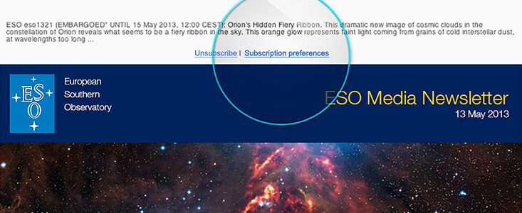 Fotografia do ecrã do Boletim de Notícias para os Media do ESO, visto tal como é recebido por email