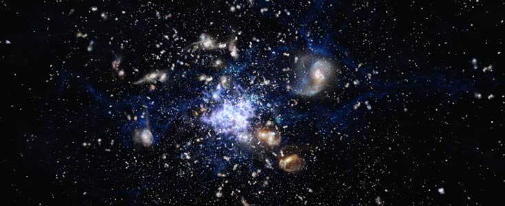 Impresión artística de un protocúmulo en formación en el universo temprano 