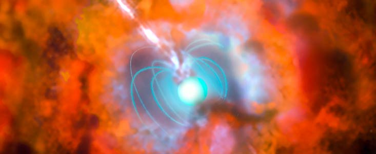 Artist’s impression van een gammaflits en een supernova die door een magnetar wordt aangedreven