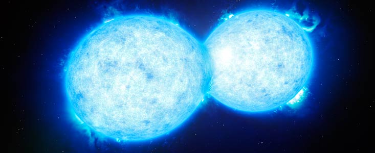 Vue d'artiste du système d'étoiles doubles chaudes, massives et au contact l'une de l'autre 