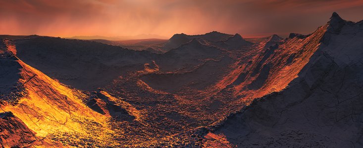 Illustration af overfladen på en superjord i kredsløb om Barnards Stjerne