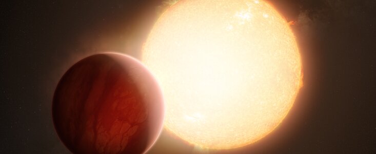 Artystyczna wizja ultragorącego jowisza dokonującego tranzytu na tle swojej gwiazdy