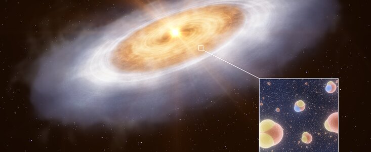 Imagem artística da água no disco de formação planetária que circunda a estrela V883 Orionis