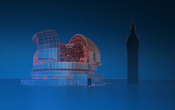 An artistic rendering of an open telescope dome standing next to the silhouette of Big Ben's clock tower over a blue background. The tower is only slightly taller than the telescope.