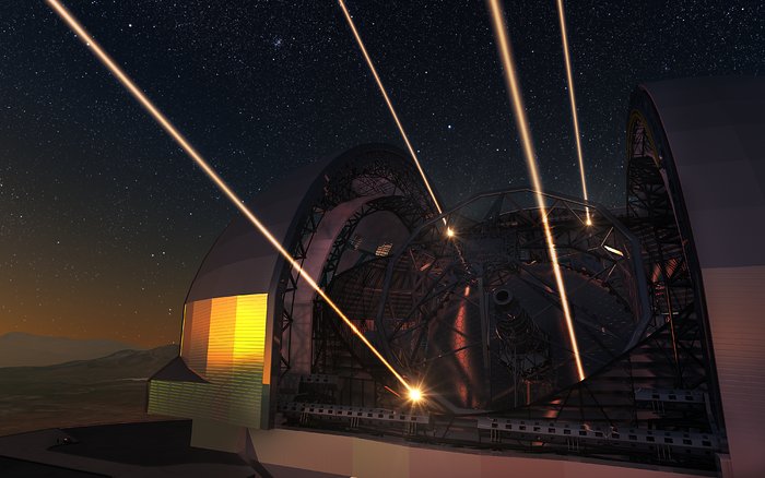 Vue d'artiste du European Extremely Large Telescope déployant des lasers pour l'optique adaptative