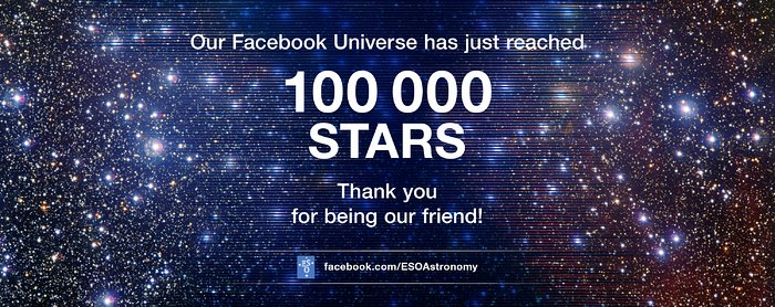 A página do Facebook do ESO dá as boas vindas ao seu 100 000º amigo