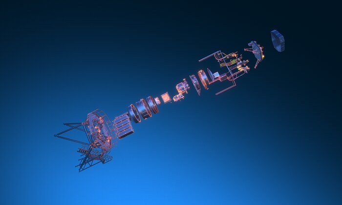 A 3D rendering of a complicated mechanical structure, blown out so its different components can be seen individually, lined up next to each other against a blue background. The pieces are labelled with white text, reading, from left to right: “Warm Support Structure”, “Control Subsystem & Electronics”, “Cryostat”, “Imager & AO Wavefront Sensor”, “Detectors”, “Coronography”, “Mechanisms”, “Common Fore-Optics”, “High-resolution Spectrograph”, “Warm Calibration Unit”.