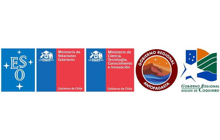 Logos de ESO, Ministerio de Relaciones Exteriores de Chile, Ministerio de Ciencia de Chile, Gobierno Regional de Antofagasta y Gobierno Regional de Coquimbo