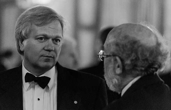 Brian Schmidt and Michel Mayor at the ESO 50th anniversary gala event