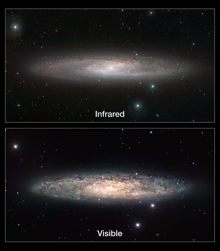Infrared/visible light comparison of views of the Sculptor Galaxy (NGC 253)