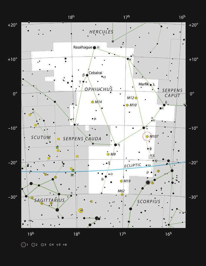 El cúmulo globular de estrellas Messier 107 en la constelación de Ofiuco