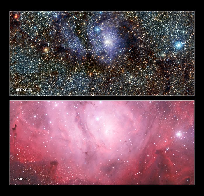 Comparación de imágenes en infrarroja/luz visible de la Nebulosa de la Laguna (Messier 8)
