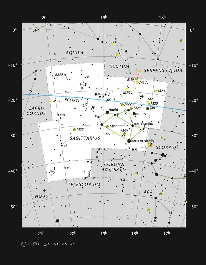 Här bildar Messier 17 nya stjärnor i stjärnbilden Skytten