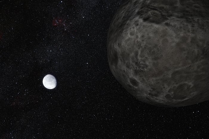 Impresión artística del planeta enano Eris y su luna Dysnomia
