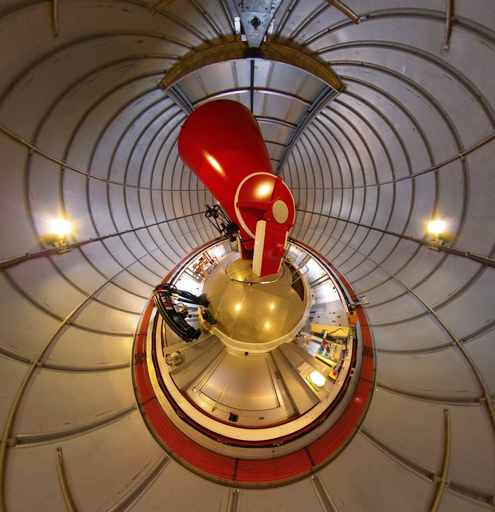 The Swiss 1.2-metre Leonhard Euler Telescope in its dome at La Silla