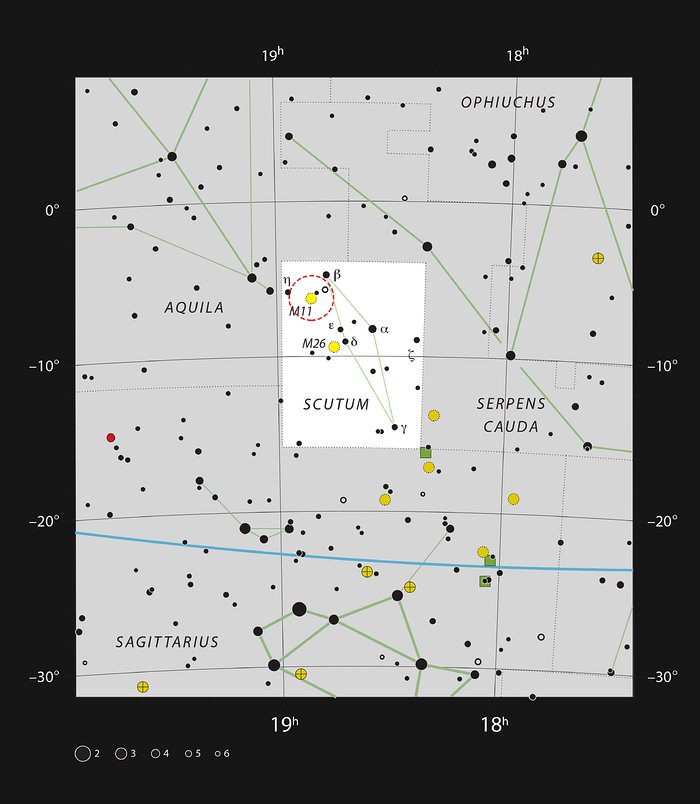 Den öppna stjärnhopen Messier 11 i stjärntecknet Skölden