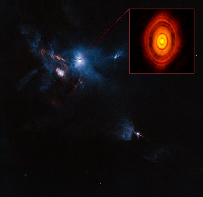 Sammansatt bild från ALMA och Hubbleteleskopet av området kring den unga stjärnan HL Tauri