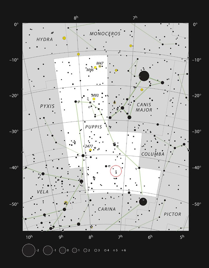 A estrela L2 Puppis na constelação da Popa